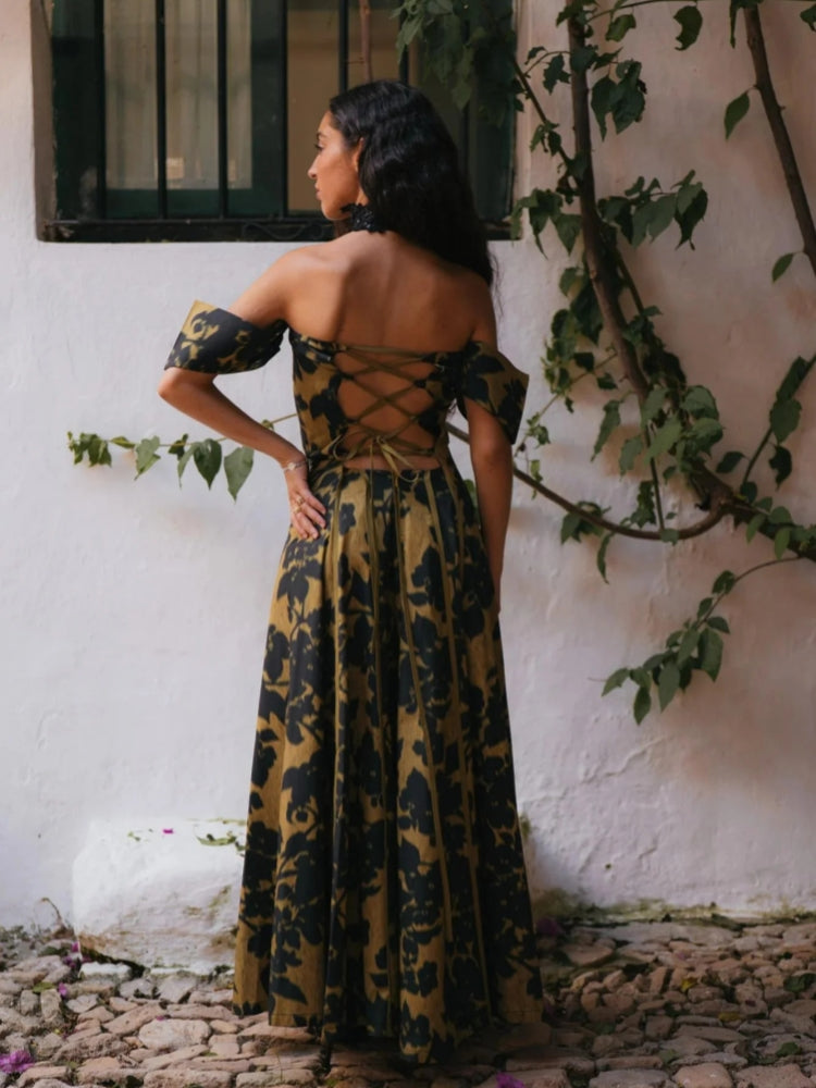 Vintage Print Strapless Maxi Dress