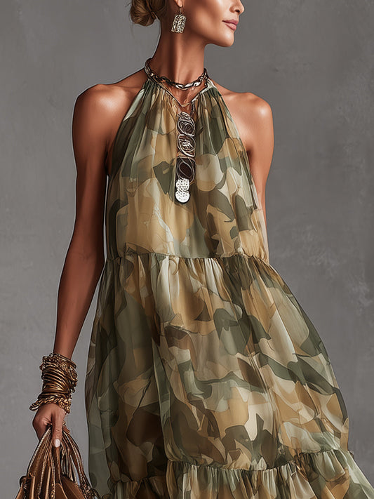 Camouflage Print Chiffon Halter Midi Dress