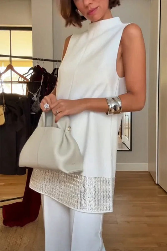 Blusa de corte A sin mangas con cuello alto y ribete de lentejuelas, sencilla pero no simple
