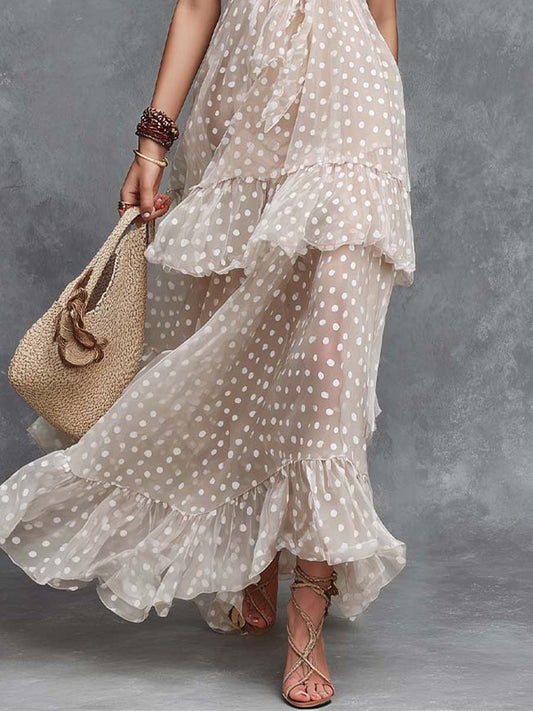 Bohemian Vintage Polka Dot Halter Maxi Dress