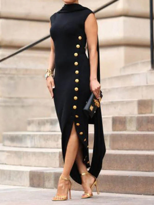 Formal Side Button Asymmetrical Hem Sleeveless Midi Dress