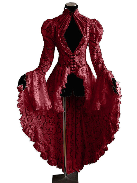 Retro Lace Splicing Stand Collar Flare Sleeve Maxi Dress