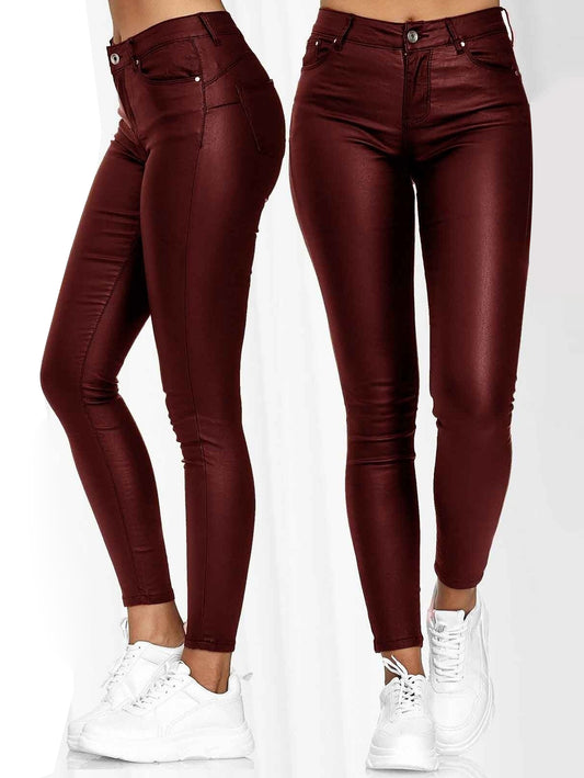 Casual Solid High Rise PU Leather Pencil Pants