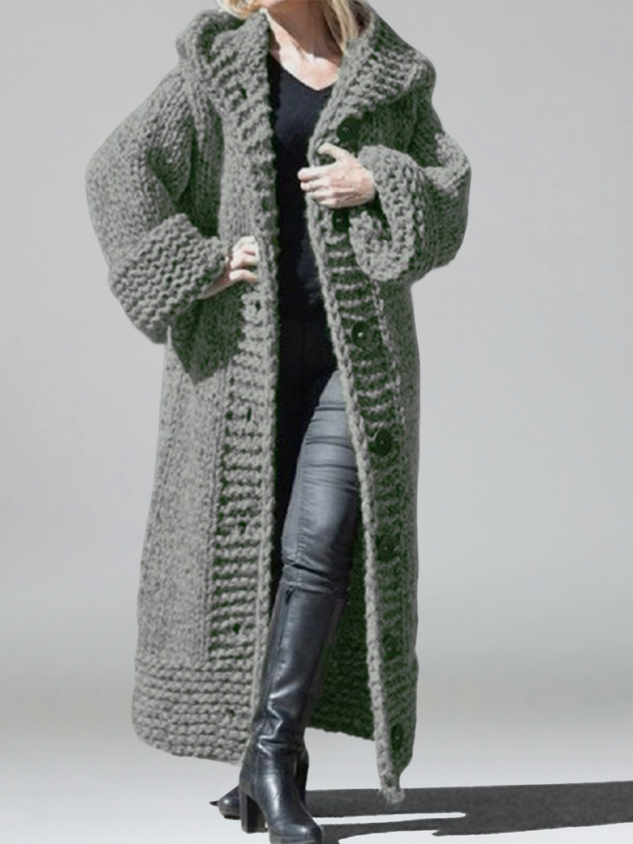 Daily Green Hooded Long Sleeve Crochet Casual Button Knitted Cardigans