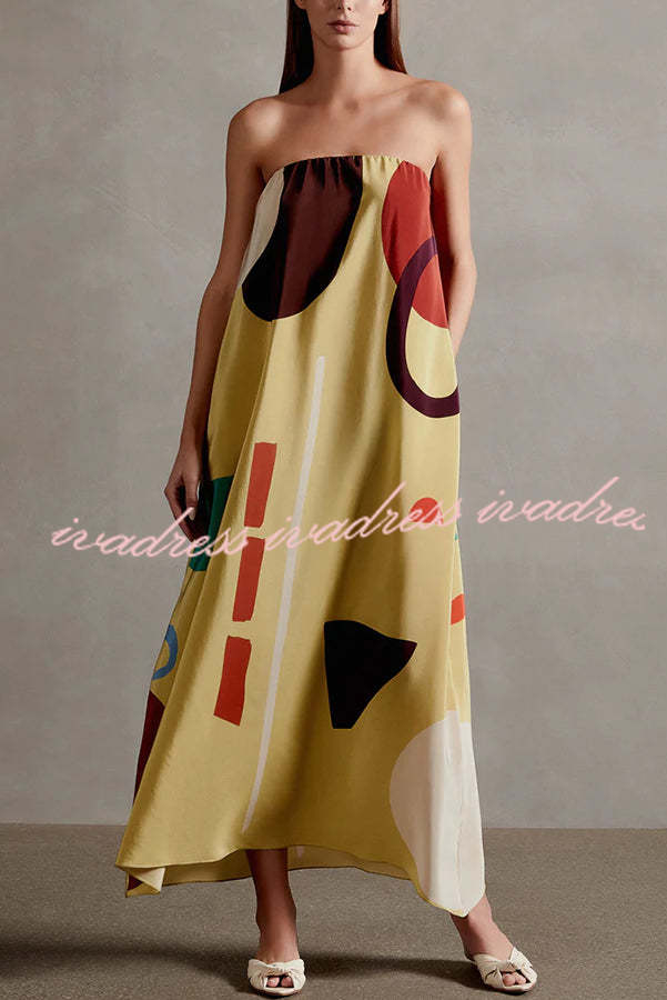 Vestido largo holgado con bolsillos y hombros descubiertos con estampado único de satén Miss Me