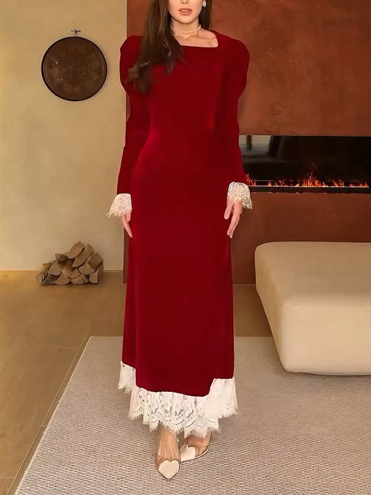 Elegant Velvet Lace Trim French Maxi Dress