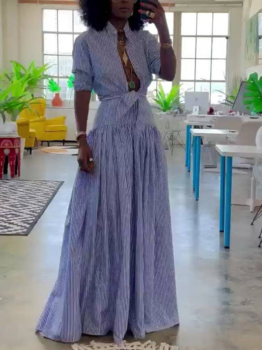 Striped Stand Collar Shirt And Skirt Suit-Shirt