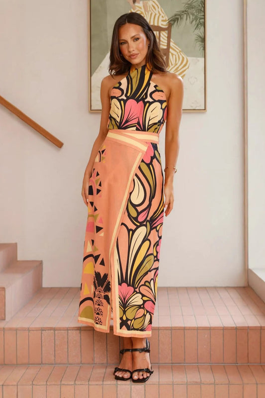 Wild Print Halter Neck Cardigan with Skirt Set