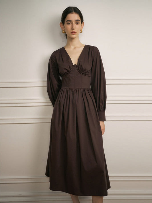 Early Spring V-Neck Waist Midi Dress