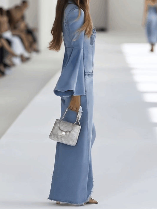 Daily Blue Shirt Collar Flare Long Sleeve Trimmings Casual Pocket Denim Jumpsuits