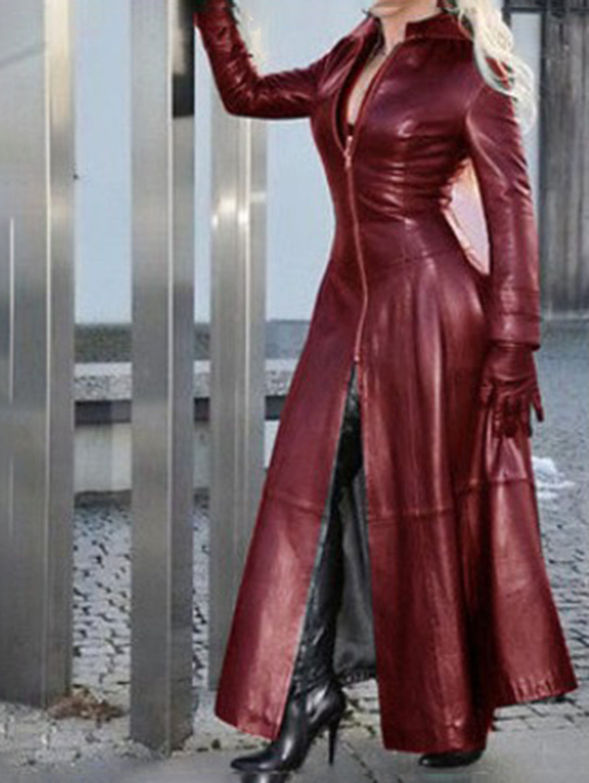 Casual PU Leather Stand Collar Zipper Solid Trench Coat