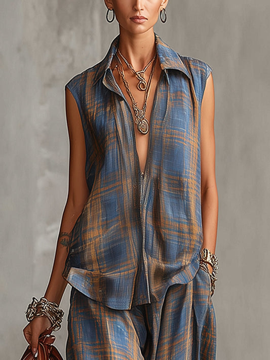 Blue And Brown Plaid Sleeveless Linen Two-Piece Set