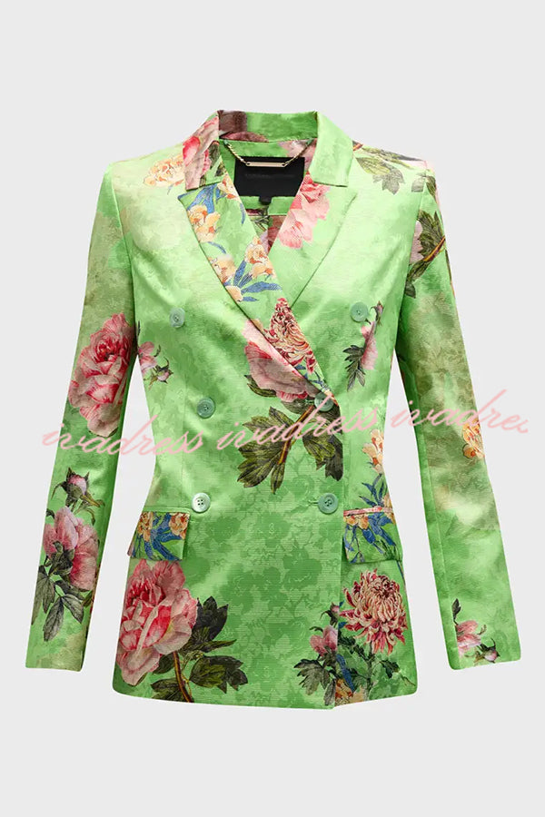 Blazer de solapa de manga larga con botones y estampado de flores silvestres y libres