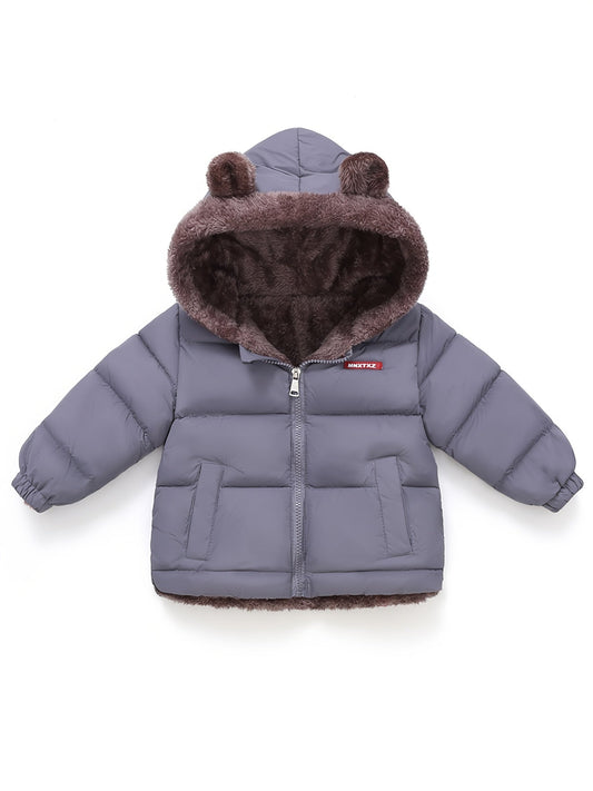 Girls' Cute Bear Ears Fleece Coat - Long Sleeve Winter Jacket with Cardigan Collar, Full-Zip Front Closure, Warm Padded Hooded Coat for Boys & Girls, Cozy Fall/winter Outerwear With Pockets (solid Color, Casual Style, Regular Fit, Hand Washable)