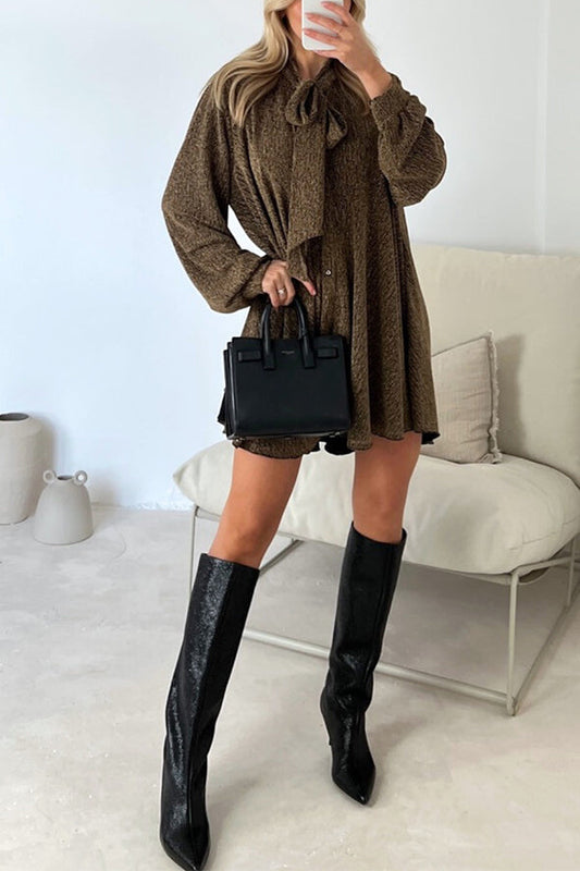 VESTIDO CAMISA CON CUELLO DE LAZO METALIZADO DEMI GOLD