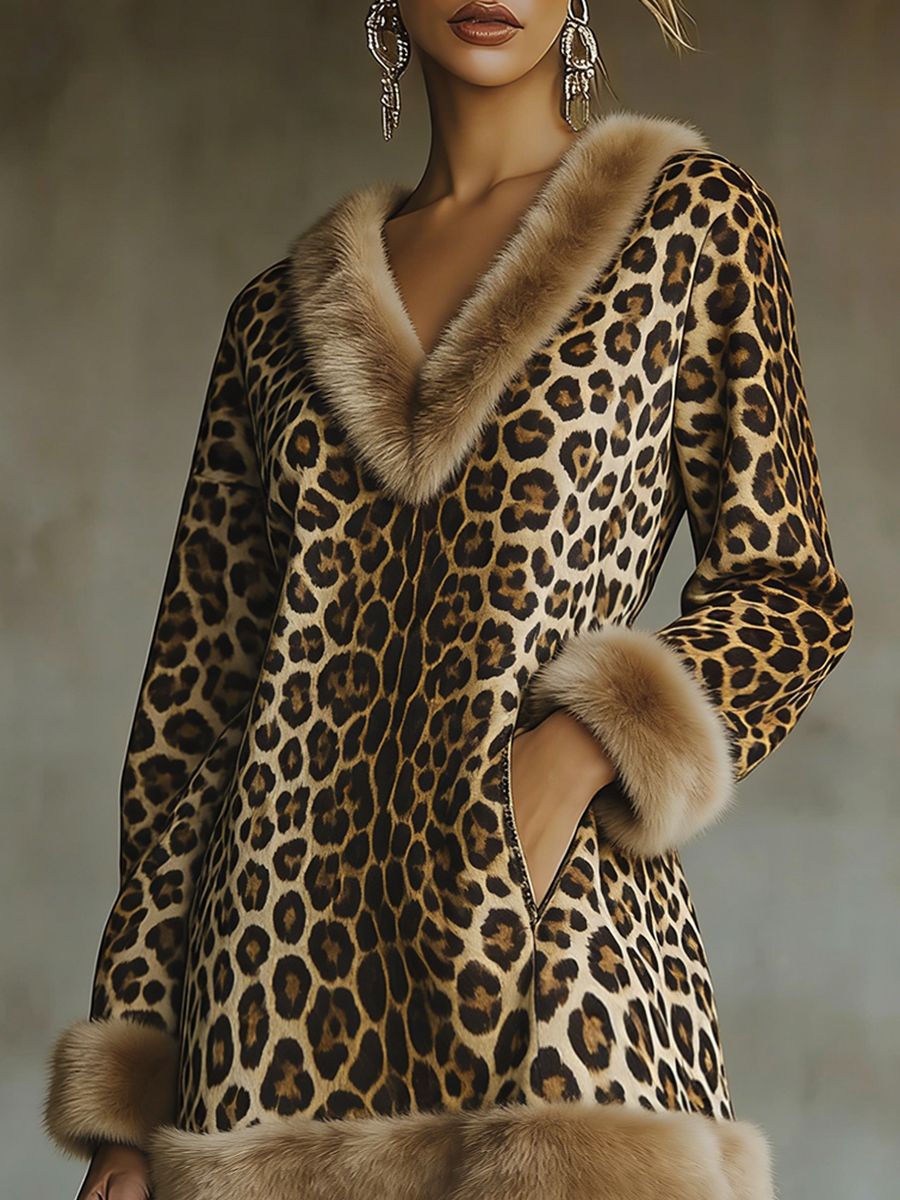 sheenchic Daily Brown Leopard V Neck Long Sleeve Pocket Western Contrast Faux Fur Mini Dresses