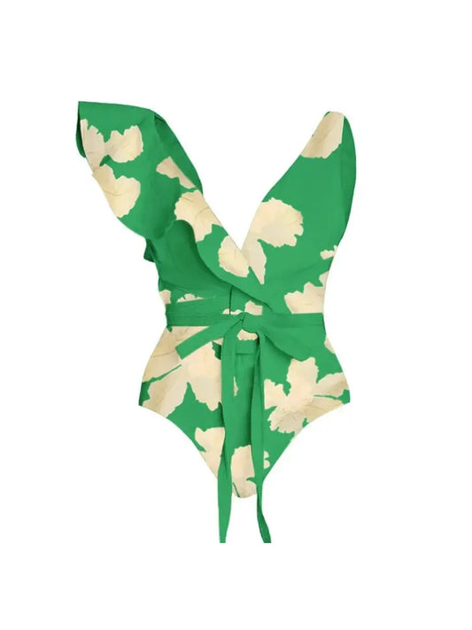 Belted Printed Swimsuits with Wrap Skirt Set