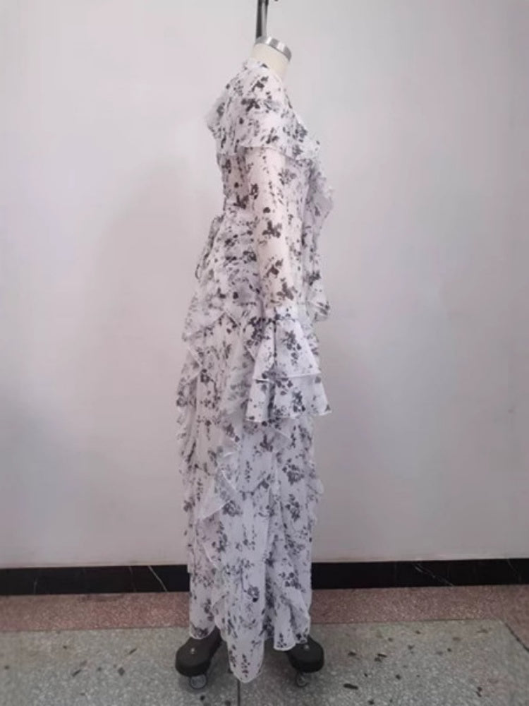 Tiered Hem Bell Sleeve Chiffon Dress