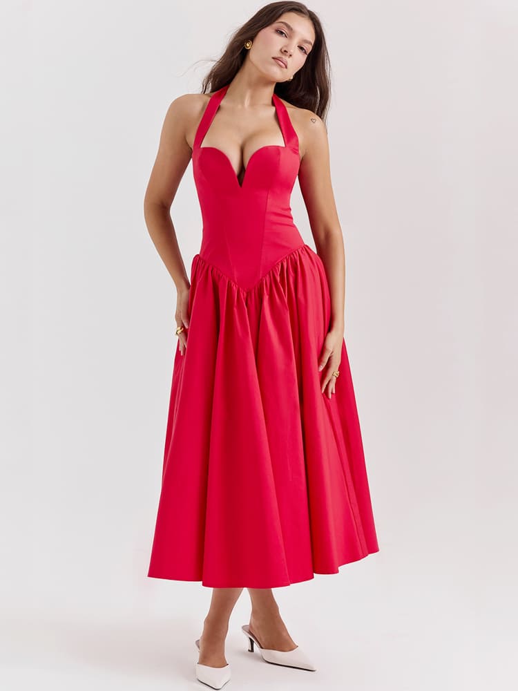 Halter Neck Midi Dress with Side Slit - Scarlet Red