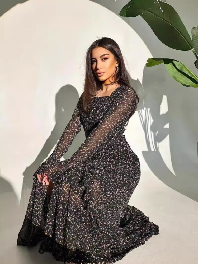 Black Floral Bell Maxi Dress