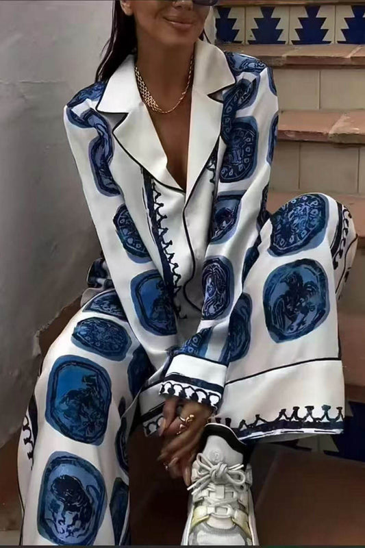 Artistic Blue Floral Collared Set