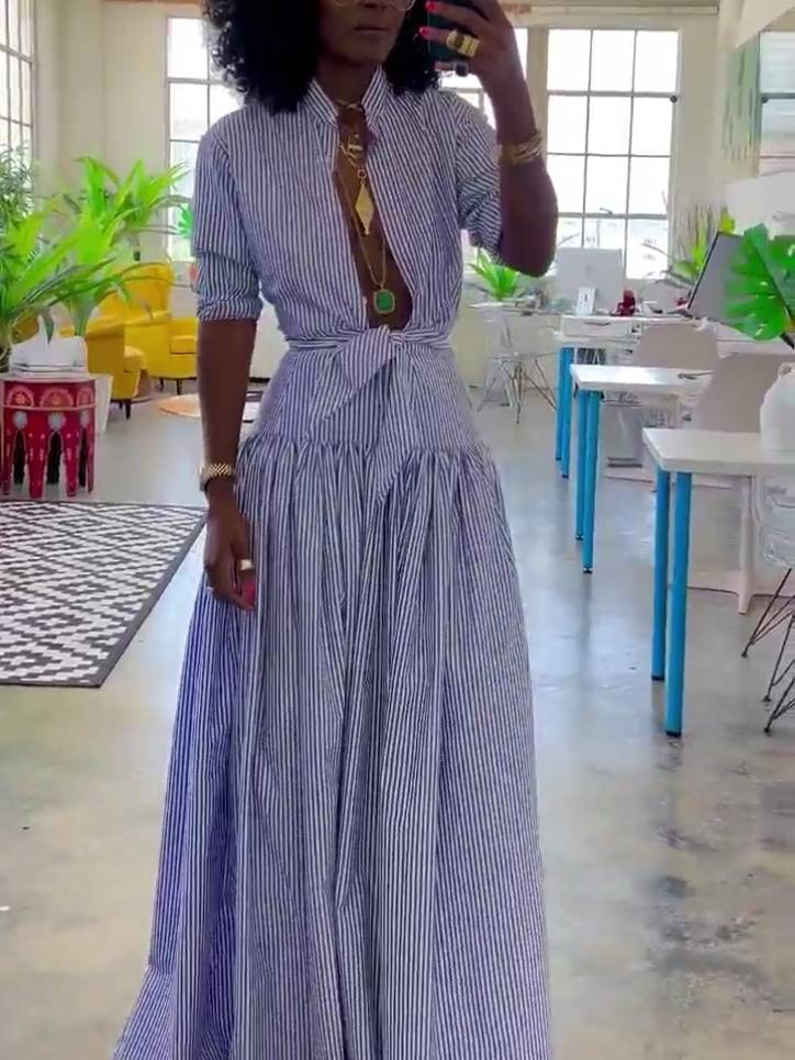 Striped Stand Collar Shirt And Skirt Suit-Shirt