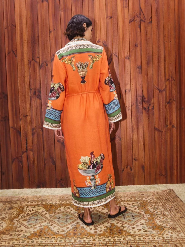 Linen Blazer-Collar Midi Dress