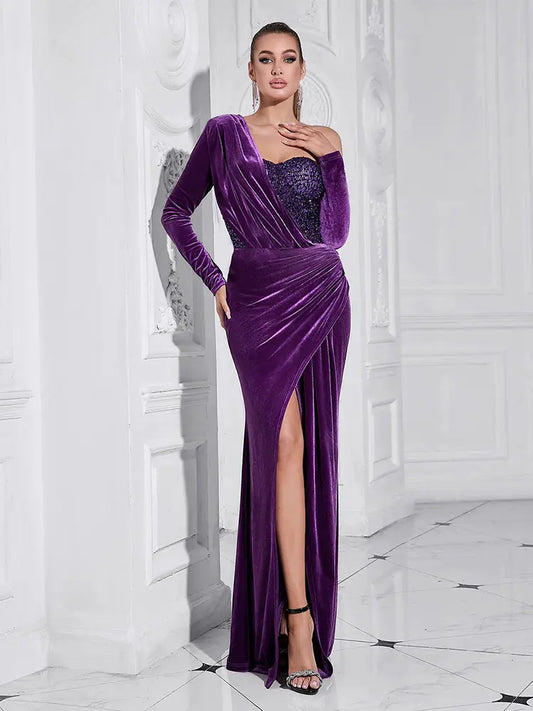 Purple Sequin High-Slit Long Dress