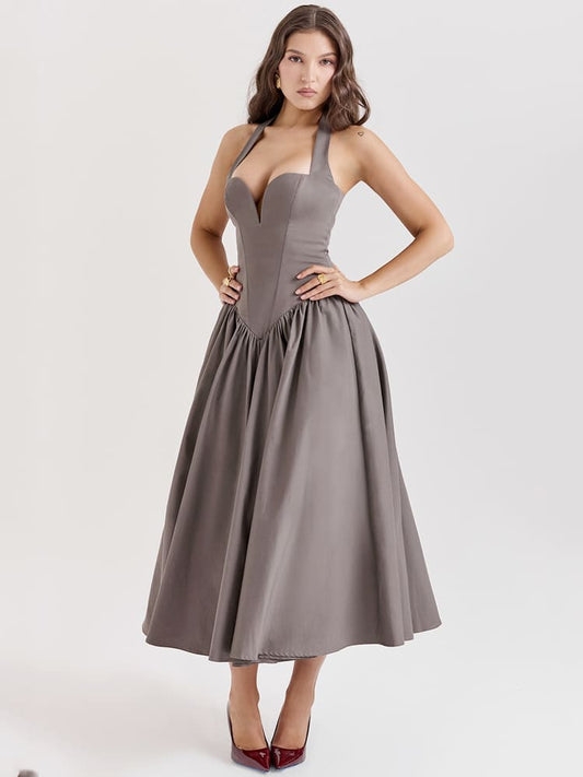 Halter Neck Midi Dress with Side Slit - Smoky Gray