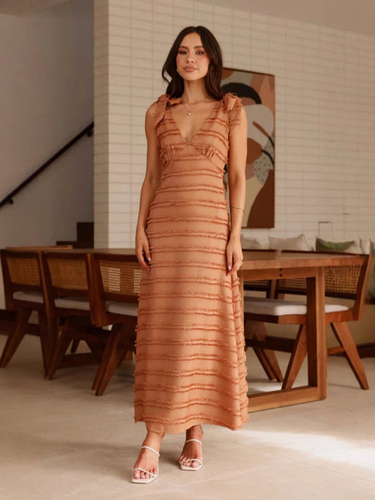 Summer French V-Neck Texture Maxi Dress