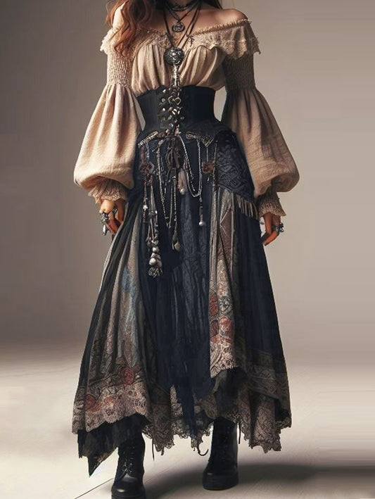 Vintage Graphic Print Layered Irregular Hem Maxi Skirt