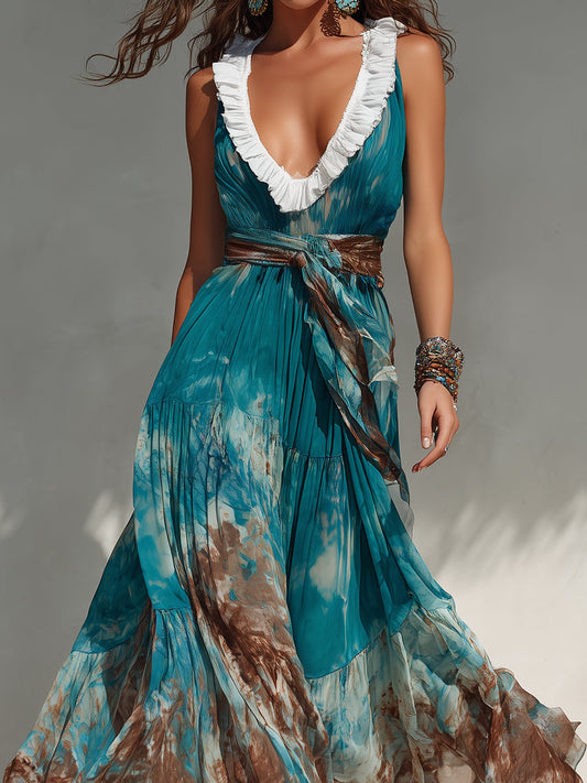 Bohemian Chiffon Printed Maxi Dress With Ruffles