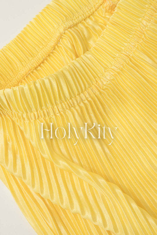 Plisse V-neck Tie Front Crop Top And Lettuce Hem Pants Set