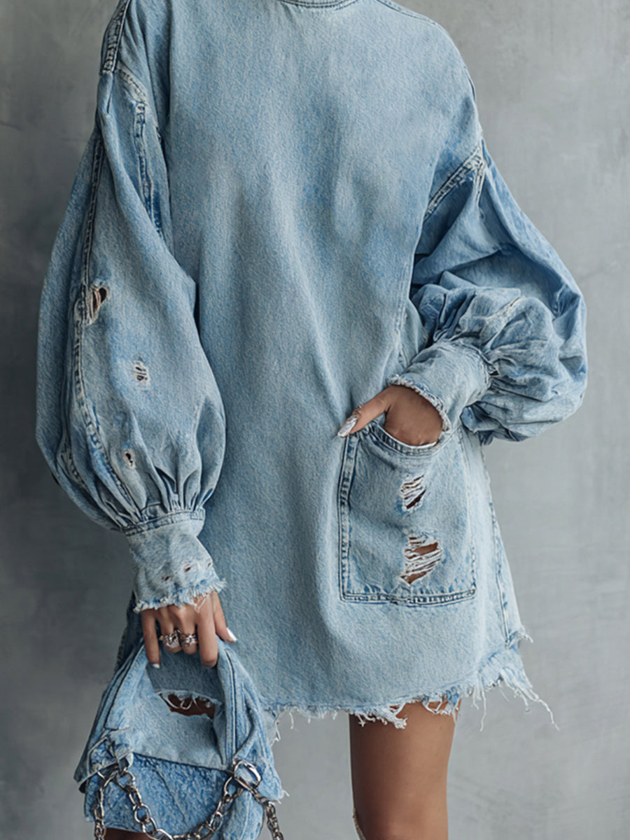 sheenchic Festival Blue High Collar Lantern Sleeve Long Sleeve Trimmings Vintage Ripped Denim Mini Dresses