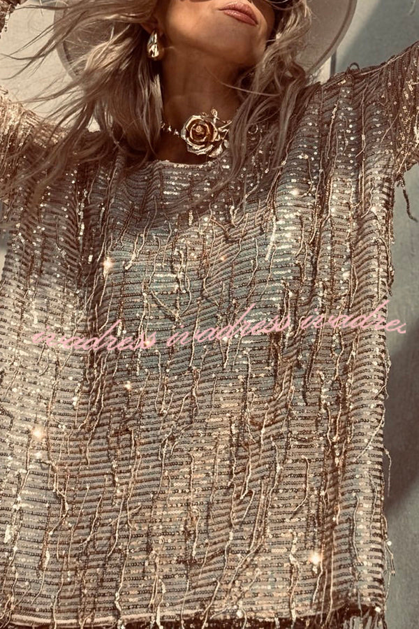 Fashion Sequin Round Neck Long Sleeve Tassel Top and Elastic Waist Casual Shorts Set
