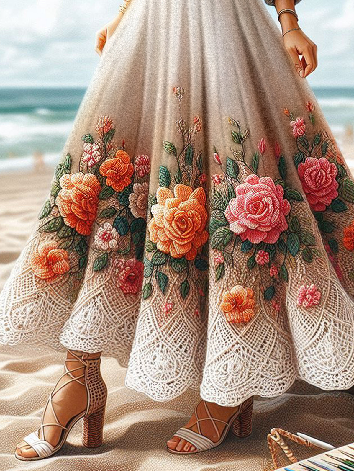 sheenchic Lace Floral Print Pleated Maxi Skirt