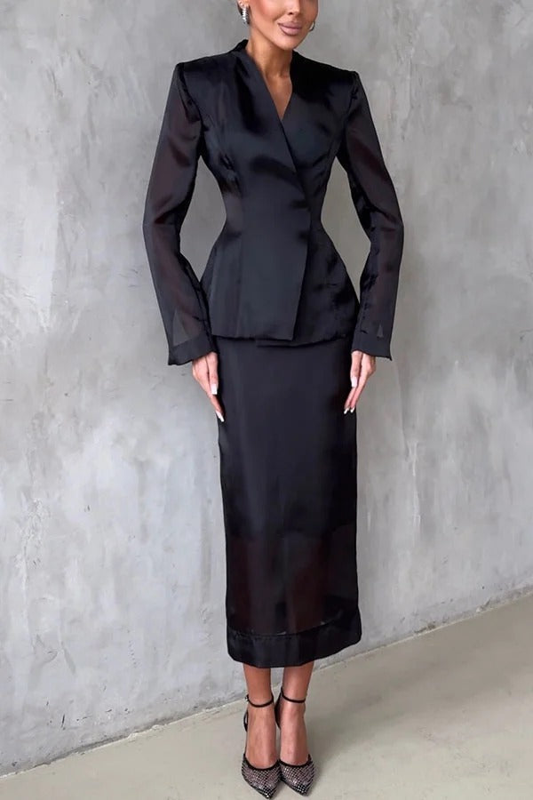 Blazer de organza con escote en V y manga larga con corte de reloj de arena de forma perfecta