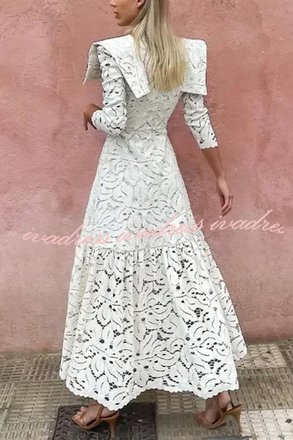 Solid Color Hollow Lace High Neck Long Sleeve Elegant Maxi Dress