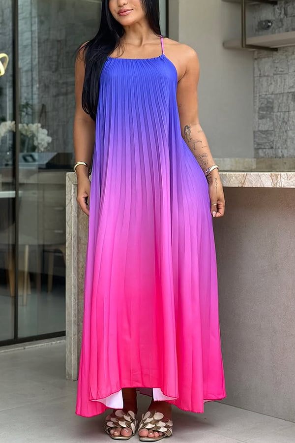 Vestido largo de corte A con espalda descubierta, plisado, estampado degradado y diosa del mar