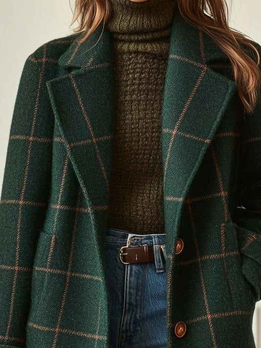 Daily Green Plaid Turndown Collar Long Sleeve Pocket Casual Coat