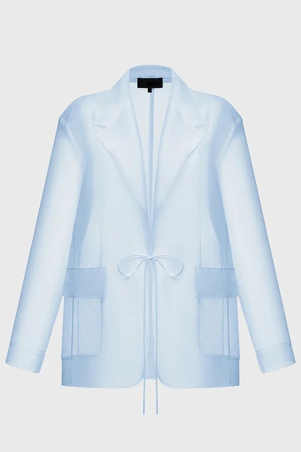 Simple and Light See-through Fabric Tie-up Long Sleeve Pocket Lapel Blazer