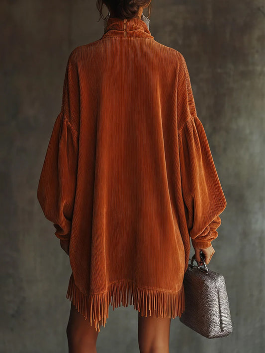 Daily Orange High Collar Lantern Sleeve Long Sleeve Strappy Vintage Contrast Corduroy Mini Dresses
