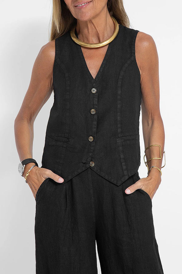 Conjunto de chaleco con botones y pantalones anchos con bolsillos y cintura elástica en mezcla de lino Eddie