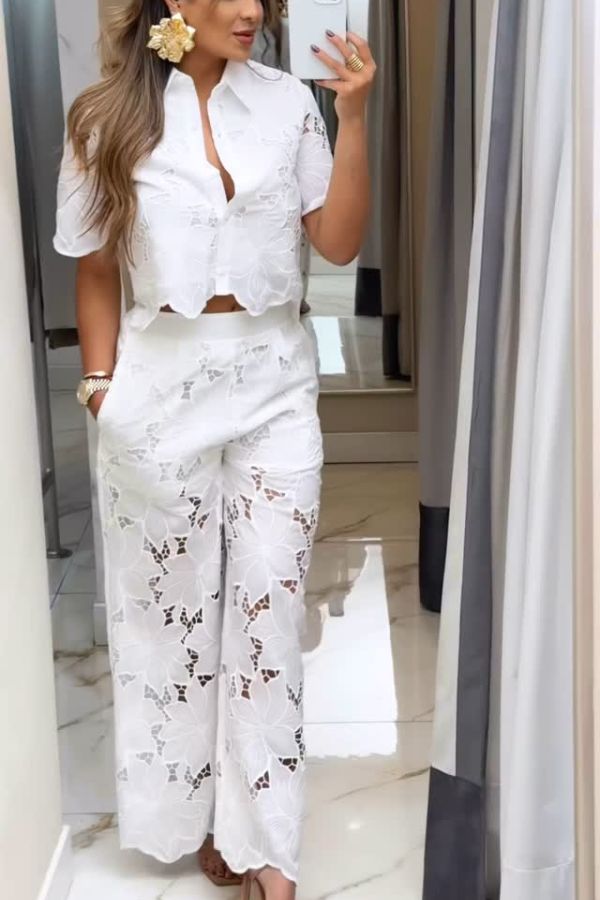 Solid Color Hollow Lace Lapel Short-sleeved Top and Elastic Waist Loose Pocket Pants Set