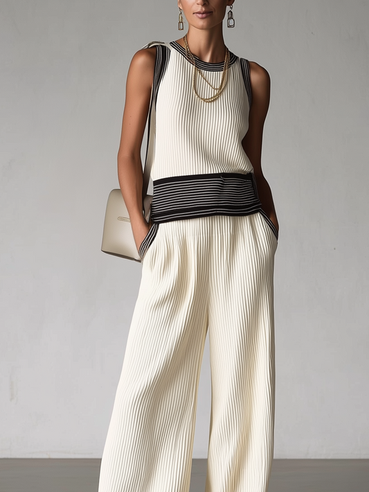 Sleeveless Pleated Two-Piece Set With Contrast Trim And Relaxed Silhouette