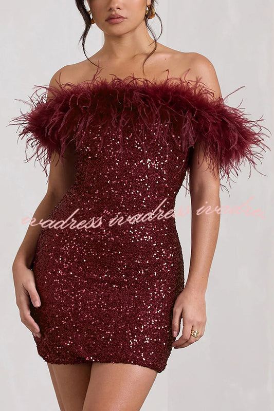 It's Show Biz Sequin Feather Trim Bodycon Mini Dress