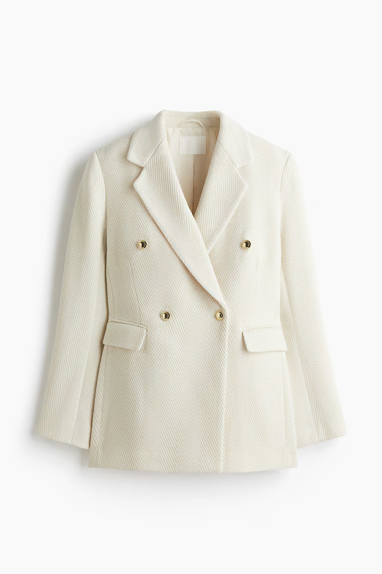 Long Wool Blend Coat | Chevron Weave | Double Breasted Gold Buttons