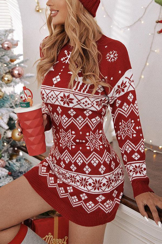 Elk Snowflake Christmas Jacquard Knitted Dress