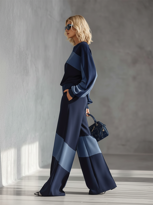 Casual Sportswear Patchwork Sweatshirt And Sweatpants Set