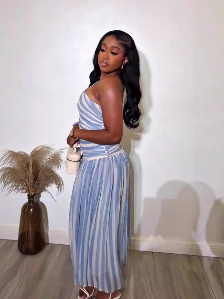 Off-Shoulder Slit Stripe Maxi Dress
